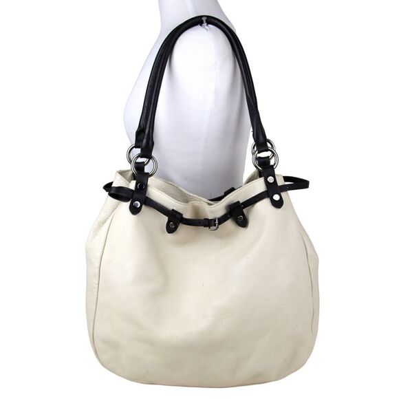 Maurizio Taiuti BEIGE GENUINE LEATHER BLACK TRIM SHOULDER BAG HOBO HANDBAG PURSE - Picture 1 of 14